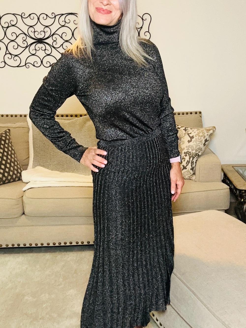 ANTONIO MELANI Shimmery Black Ribbed Maxi Skirt Set